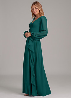 Azazie Simone Bridesmaid Dresses Peacock A-Line Long Sleeve Chiffon Dress image6