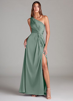 Azazie Brooke Robes de demoiselle d'honneur Robe Trapèze en Satin extensible Une épaule Sauge D'argent image2