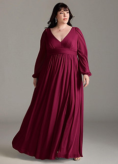 Azazie Norah Robes de demoiselle d'honneur Robe Trapèze en Mousseline de soie Col en V, manches longues Bourgogne image6