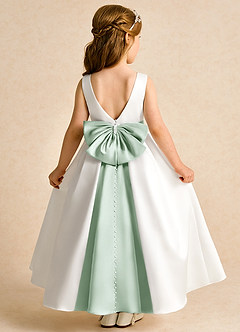 Azazie Cherry Flower Girl Dresses Ivory Agave Ball-Gown Pleated Matte Satin Dress image1
