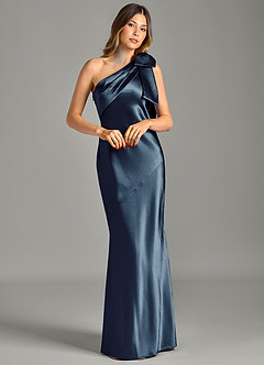 Azazie Yuanna Vestidos de damas de honor Vestido de Azul Marino Oscuro de Satén Metálico de Corte Sirena con Hombro unilateral image3