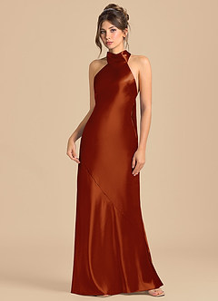 Azazie Velli 신부 들러리 드레스 쉬스 하이넥 메탈릭 새틴 바닥 길이 드레스 image3