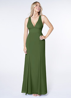Azazie Christiana Bridesmaid Dresses Olive A-Line V-Neck Pleated Chiffon Dress image1