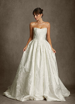 Azazie Bria Wedding Dresses Antique White Ball-Gown Strapless Floral Jacquard Dress image9