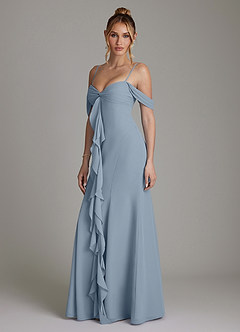 Azazie Karmela Bridesmaid Dresses Dusty Blue A-Line Off the Shoulder Chiffon Dress image5
