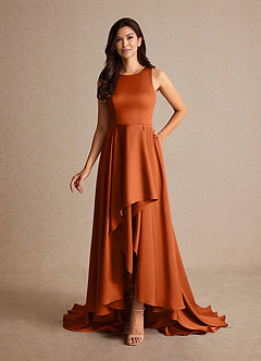 Azazie Niles Vestidos para mãe da noiva Vestido Laranja Queimada de Cetim elástico de Linha A com Trens image8