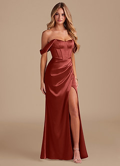 Azazie Asha Bridesmaid Dresses Terracotta Sheath Off the Shoulder Metallic Satin Dress image4