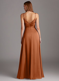 Azazie Calissa Bridesmaid Dresses Copper A-Line V-Neck Pleated Stretch Satin Dress image2