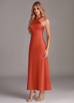 Azazie Doretta Bridesmaid Dresses Rust Mermaid Pleated Stretch Satin Dress image4