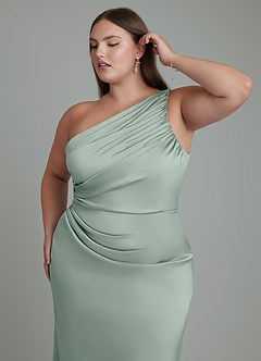 Azazie Akilah Bridesmaid Dresses Agave Mermaid One Shoulder Stretch Satin Dress image13