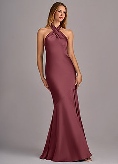 Azazie Lorena Vestidos de damas de honor Vestido de Merlot de Satén Elástico de Corte Sirena con Plisado image3