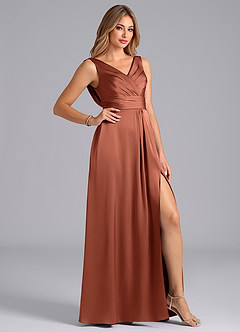 Azazie Karina Robes de demoiselle d'honneur Robe Trapèze en Satin extensible Plissée Argile image5