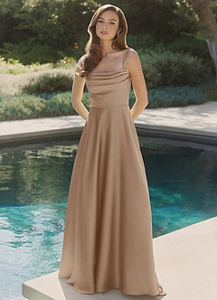 Azazie Shaude Bridesmaid Dresses Taupe A-Line Pleated Stretch Satin Dress image4