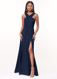 Azazie Brandie Bridesmaid Dresses Dark Navy A-Line Pleated Stretch Chiffon Dress image1
