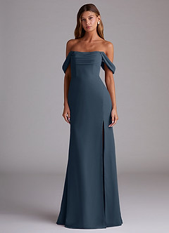 Azazie Saige Brautjungfernkleider Wandelbar A-Linie Schulterfrei Chiffon Kleid Neptunblau image3