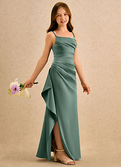 Azazie Cannoli Girls Formal Blumenmädchenkleider A-Linie Plissee Stretch-Satin Kleid Eukalyptus image1