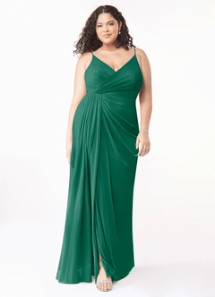 Azazie Evalin Bridesmaid Dresses Emerald A-Line V-Neck Pleated Mesh Dress image7