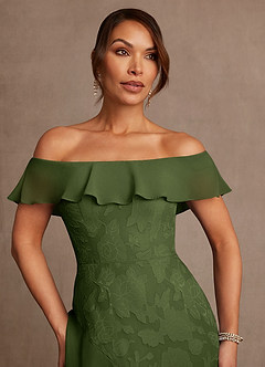 Azazie Marina Mother of the Bride Dresses Olive A-Line Off the Shoulder Floral Burnout Dress image5
