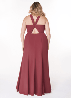 Azazie Rue Vestidos de damas de honor Vestido de Merlot de Gasa de Corte en A con Halter image8