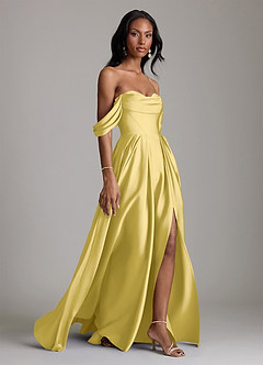 Azazie Loisa Abiti da Damigella Abito A-Line in Raso Elasticizzato a Spalla Scoperta Canarino image11