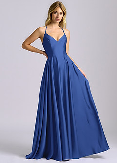 Azazie Truce Abiti da Damigella Abito A-Line in Raso Elasticizzato Blu Reale image6