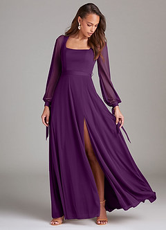 Azazie Leonia Bridesmaid Dresses Grape A-Line Long Sleeve Mesh Dress image2