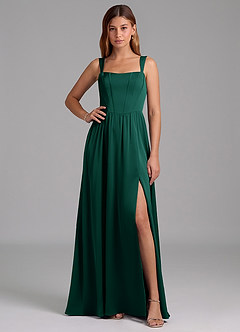 Azazie Rosaline Bridesmaid Dresses Emerald A-Line Side Slit Stretch Satin Dress image1