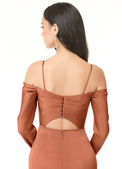 Azazie Hallie Bridesmaid Dresses Cedar Rose Sheath Off-The-Shoulder Long Sleeve Stretch Satin Convertible Dress image8
