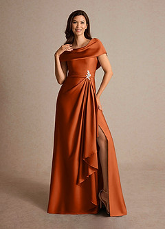 Azazie Branford Vestidos para mãe da noiva Vestido Laranja Queimada de Cetim elástico de Linha A com Plissado image6