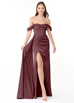 Azazie Amyra Robes de demoiselle d'honneur Robe Fourreau Convertible en Satin extensible Épaule décolletée Sangria image1