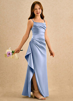 Azazie Cannoli Girls Formal Robe Demoiselle D'honneur Fillette Robe Trapèze en Mat Satiné Plissée Eis image1