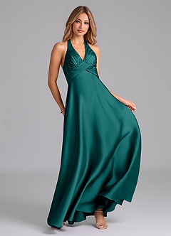 Azazie Tessie Bridesmaid Dresses Peacock A-Line Pleated Stretch Satin Dress image4