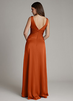 Azazie Pauline Vestidos de damas de honor Vestido de Naranja Quemada de Satén Elástico de Línea A con Plisado image2