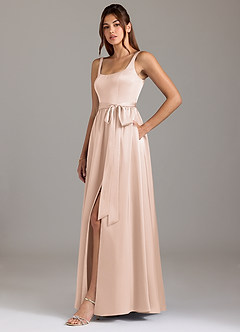 Azazie Elliott Bridesmaid Dresses Blushing Pink A-Line with Pockets Stretch Satin Dress image4