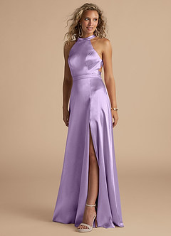 Azazie Clarice Bridesmaid Dresses Lilac A-Line High Neck Metallic Satin Dress image1