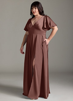 Azazie Kimber Brudtärnklänningar Klänning av A-Line i Stretch Satin Ruched Espresso image10