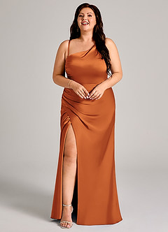 Azazie Madelyn Bridesmaid Dresses Cinnamon Mermaid One Shoulder Stretch Satin Convertible Dress image15