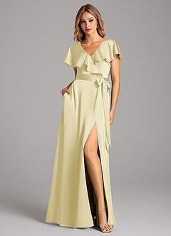 Azazie Lainey Jurken voor bruidsmeisjes Jurk van Stretch Satijn met A-Lijn met Zakken Citroensorbet image3