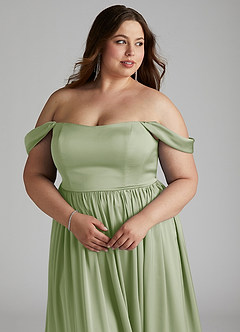 Azazie Morana Jurken voor bruidsmeisjes Converteerbaar Jurk van Stretch Satijn met A-Lijn Off the Shoulder Stoffige Salie image17