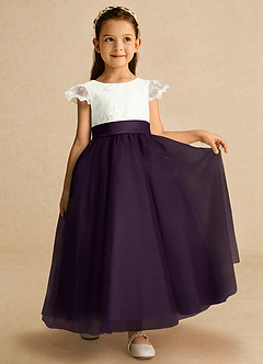 Azazie Pookie Flower Girl Dresses Plum A-Line Lace Tulle Dress image4