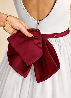 Azazie Seline Flower Girl Dresses Ivory Burgundy A-Line Bow Tulle Dress image3