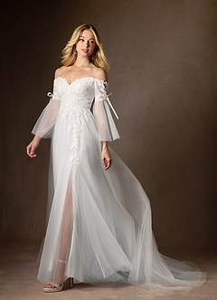 Azazie Stevie Final Sale Diamond White Nude A-Line Off the Shoulder Tulle Dress image8