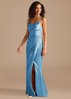 Azazie Deandra Bridesmaid Dresses Steel Blue Mermaid Pleated Metallic Satin Dress image3