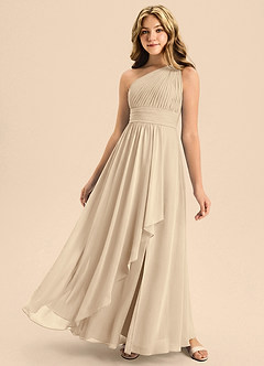 Azazie Skye Junior Abito A-Line in Chiffon Plissettato Champagne image1
