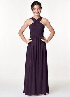 Azazie Jiya Junior Plum A-Line Pleated Mesh Dress image4