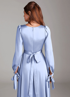 Azazie Leonia Bridesmaid Dresses Ice A-Line Long Sleeve Stretch Satin Dress image6