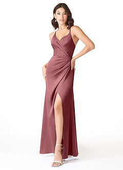 Azazie Geanna Bridesmaid Dresses Desert Rose Sheath V-Neck Pleated Stretch Satin Dress image3