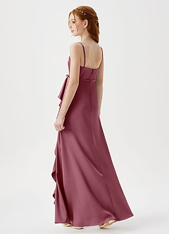 Azazie Kaylee Junior Robe Trapèze en Satin extensible avec ceinture Rose Du Désert image5