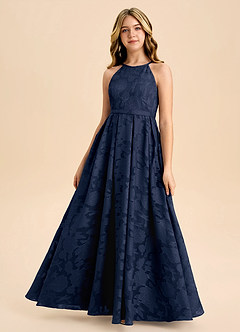 Azazie Arianthe Junior Dark Navy A-Line Pleated Floral Burnout Dress image2