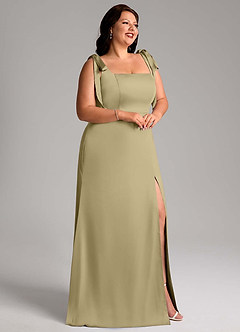 Azazie Frostine Bridesmaid Dresses Moss Green A-Line Bow Stretch Satin Dress image9